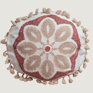 Crane Baby Round Embroidered Mandala Tassel Throw Pillow Boho Terracotta Tan